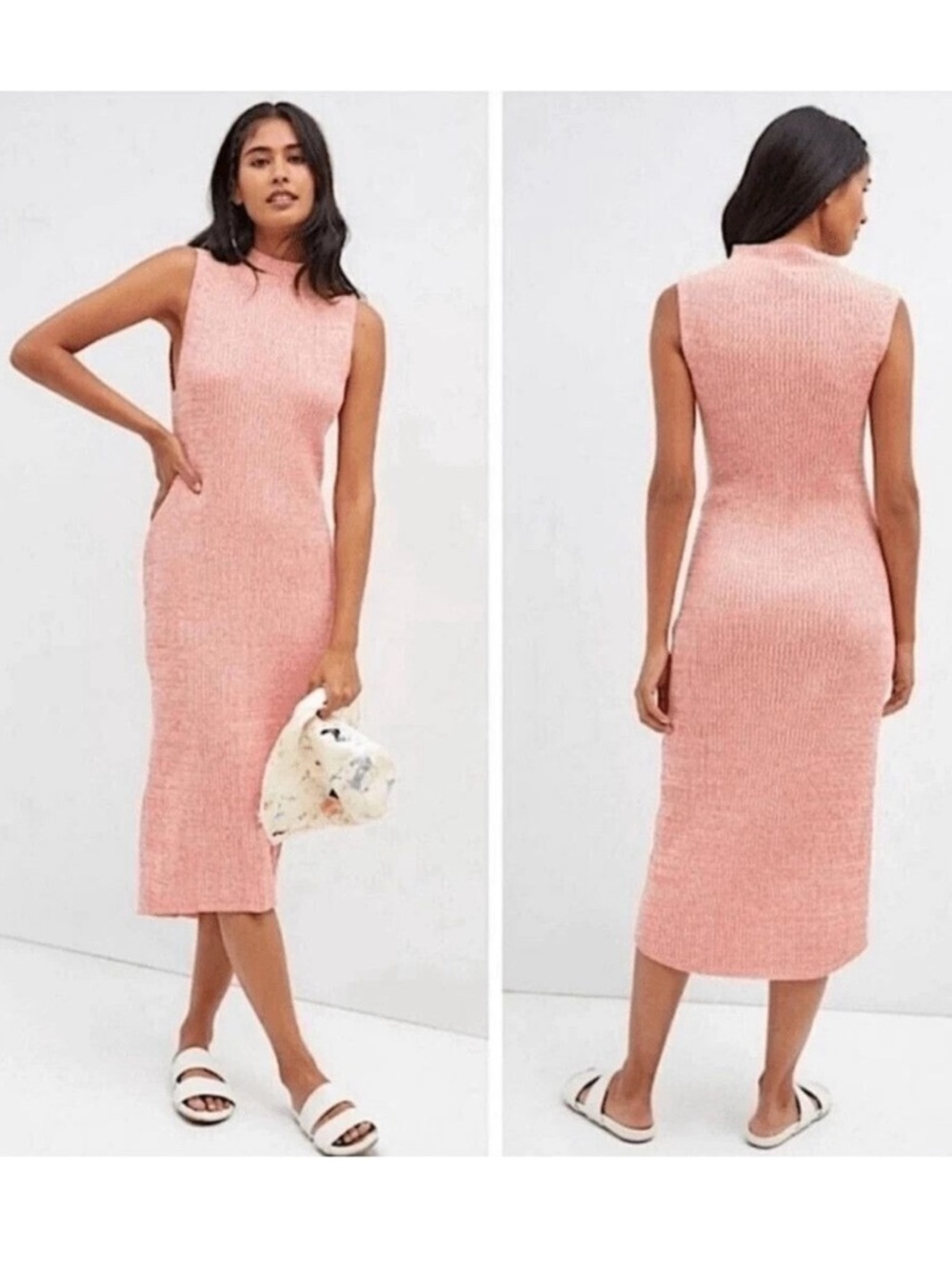 Daily Practice by Anthropologie Mock-Neck Coral Ribbed Knit Midi Tank Dress SZ M